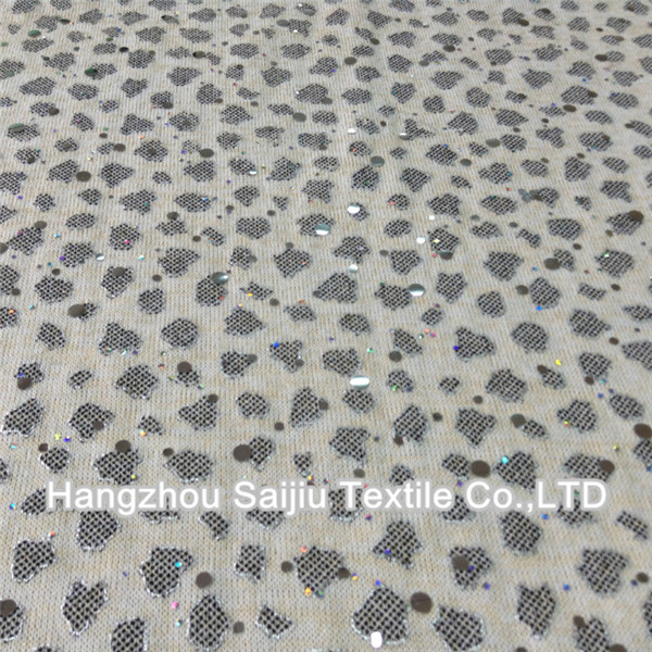 Polyester/Spandex Hachi Printed On Ivory Silver Color With Disco Dot Fabric